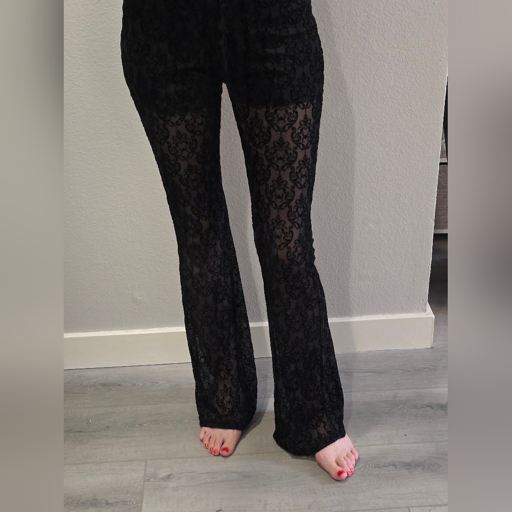 NWT Rare Disturbia Delena Flared Jumpsuit Goth Sheer Flocked Spider Ruffle XS - Picture 9 of 16